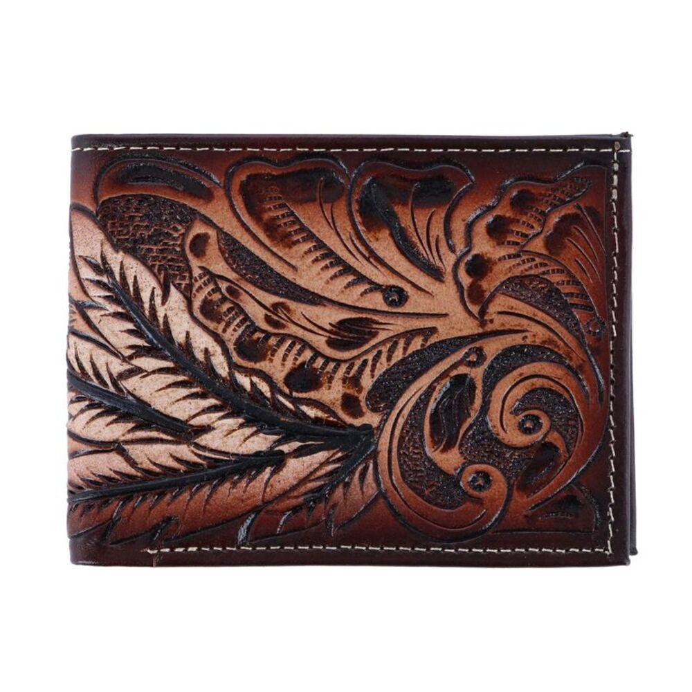CTM Men's Feather Tooled Leather Bifold Wallet